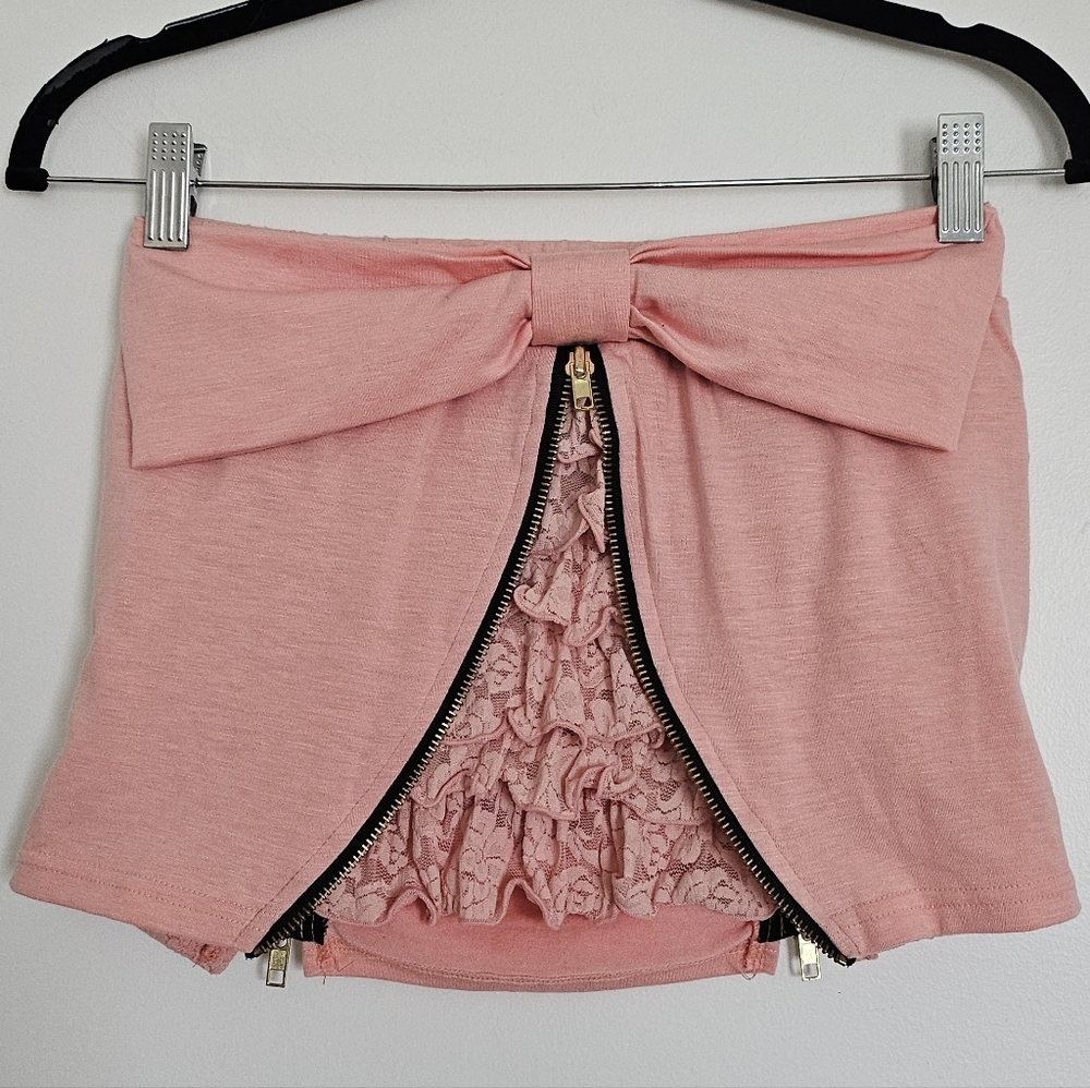D.i.a Rare Peach Pink Ruched Zipper Skirt With Bow And Lace Cheeky Back